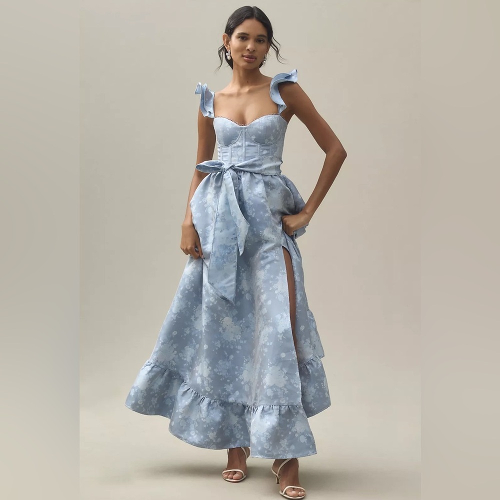 V. Chapman Veronica Corset Ruffle Side-Slit Dress